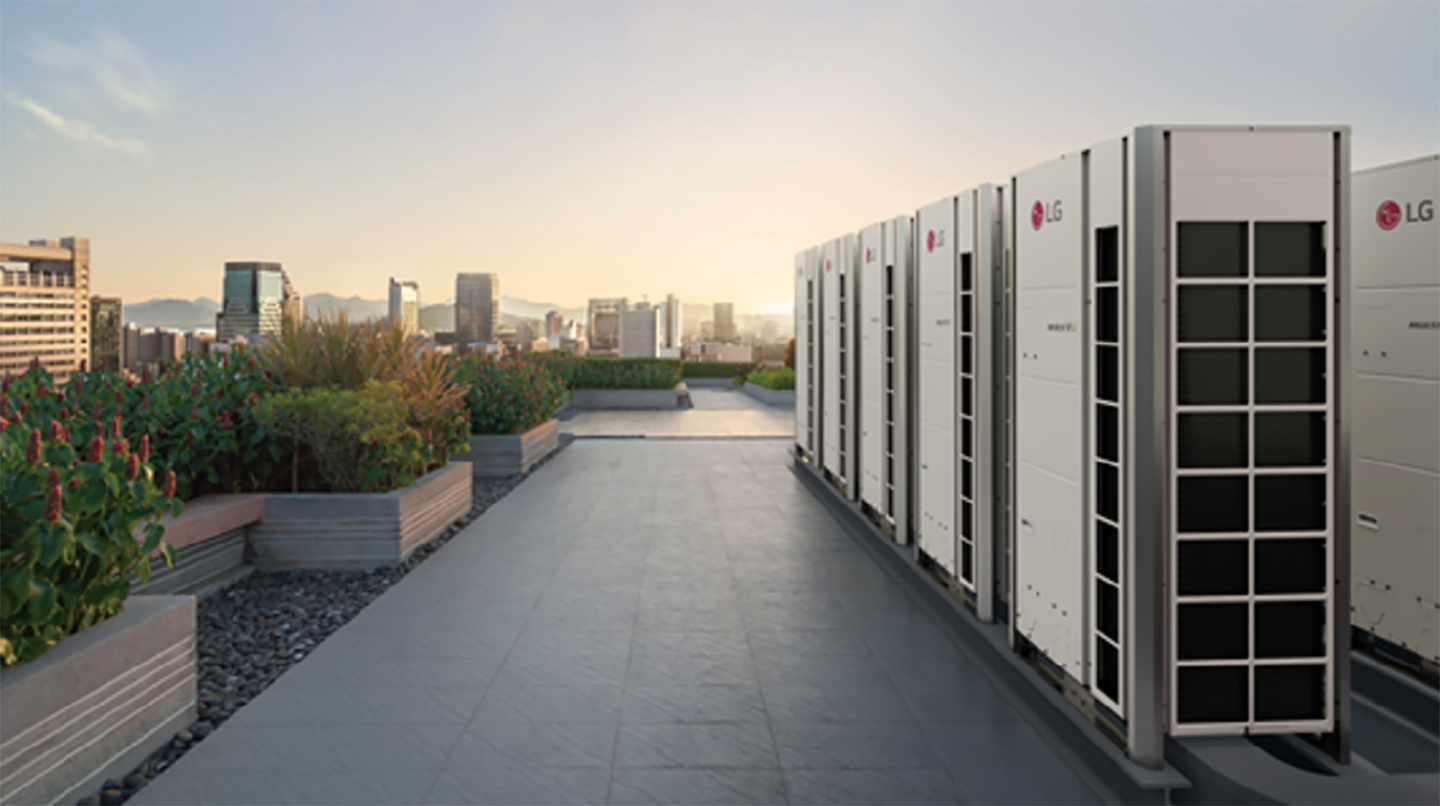 A photo of multiple HVAC products with the LG logo on the rooftop