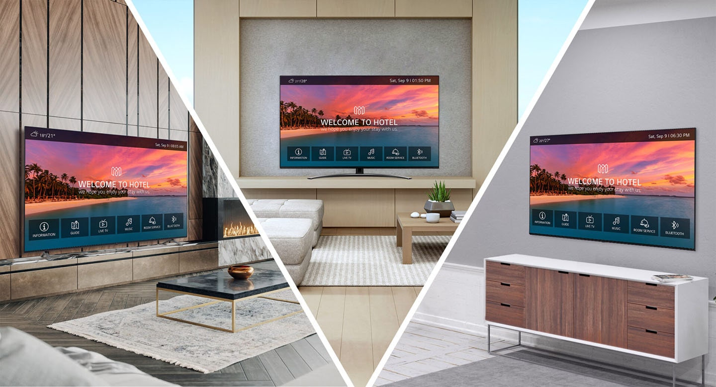 A picture of three different settings with LG TVs