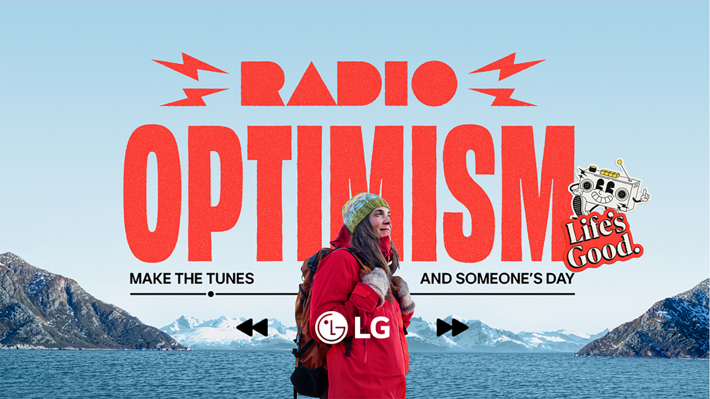 A photo of woman in front of campaign slogan 'Radio Optimism'