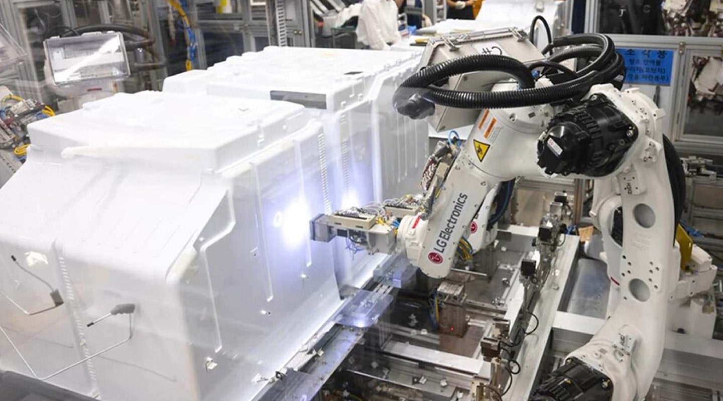 A photo of the factory robot shining light