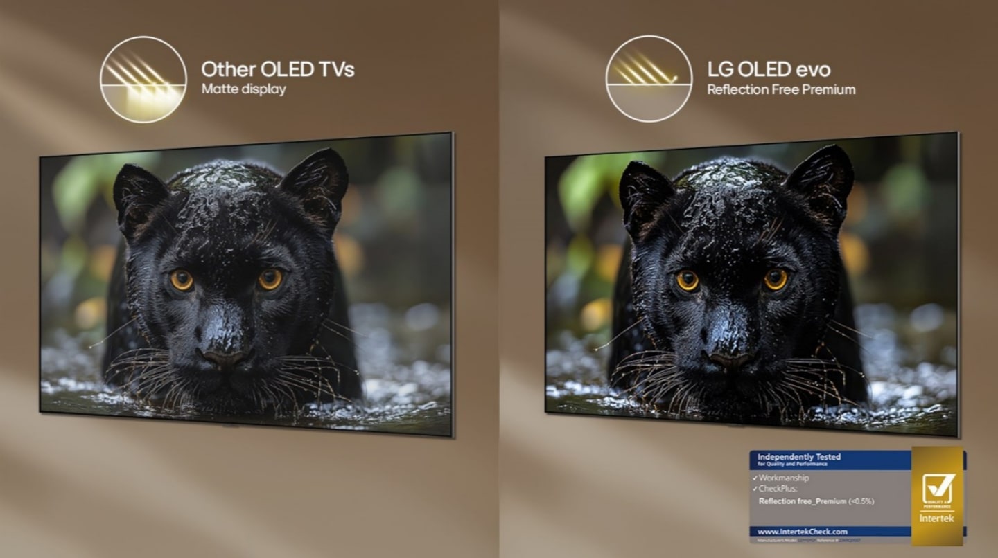 LG OLED evo with Reflection Free Premium shows a side-by-side comparison against Other OLED TVs Matte display, keeping the black jaguar image clear with deep blacks and fine texture, especially in bright environments, with an Intertek certification mark shown.