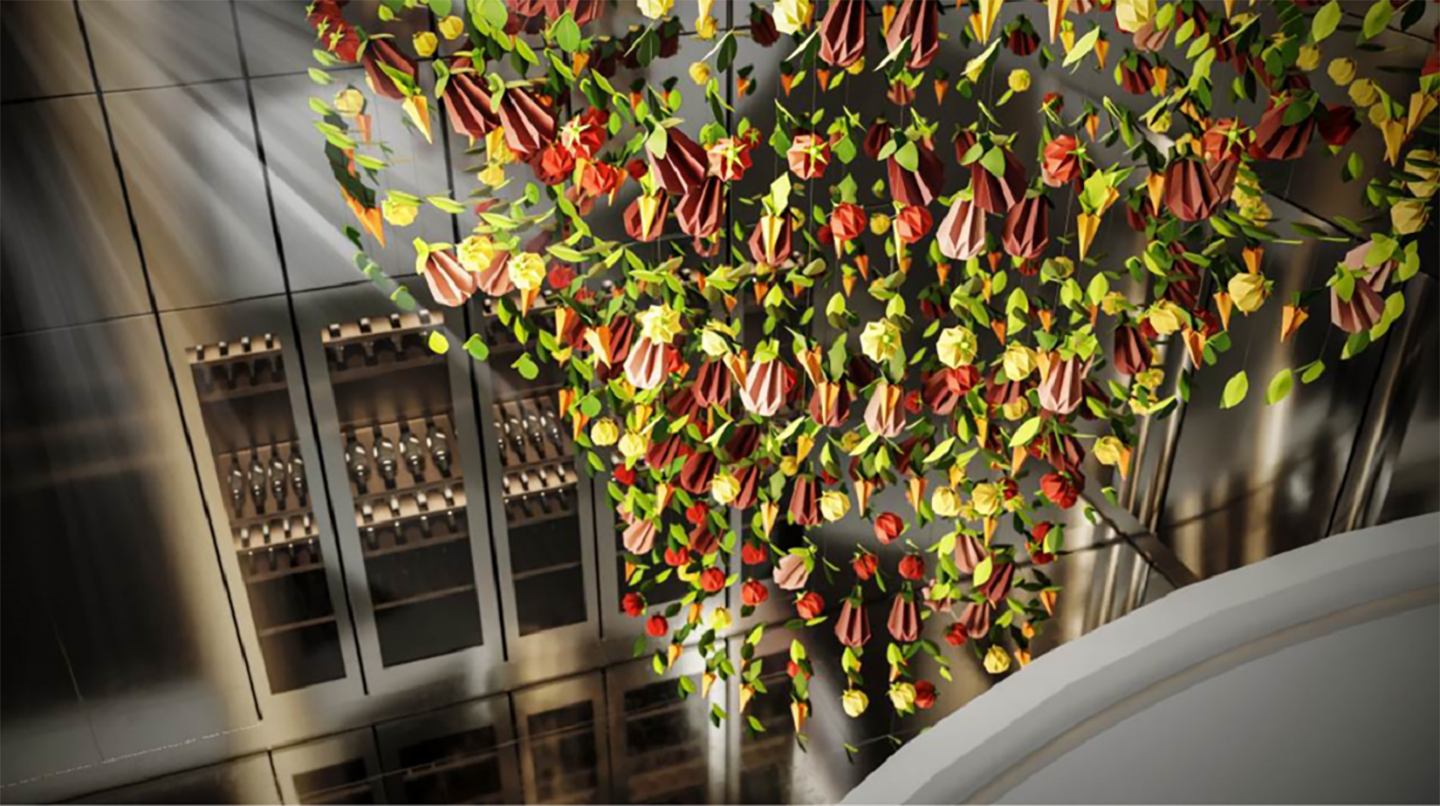 A picture of a display of origami decorations at the showroom