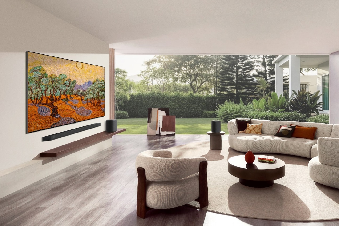 A wall-mounted LG OLED evo AI TV showcasing vibrant artwork in a bright living space, helping preserve Perfect Black, fine detail and accurate color, even in bright rooms.