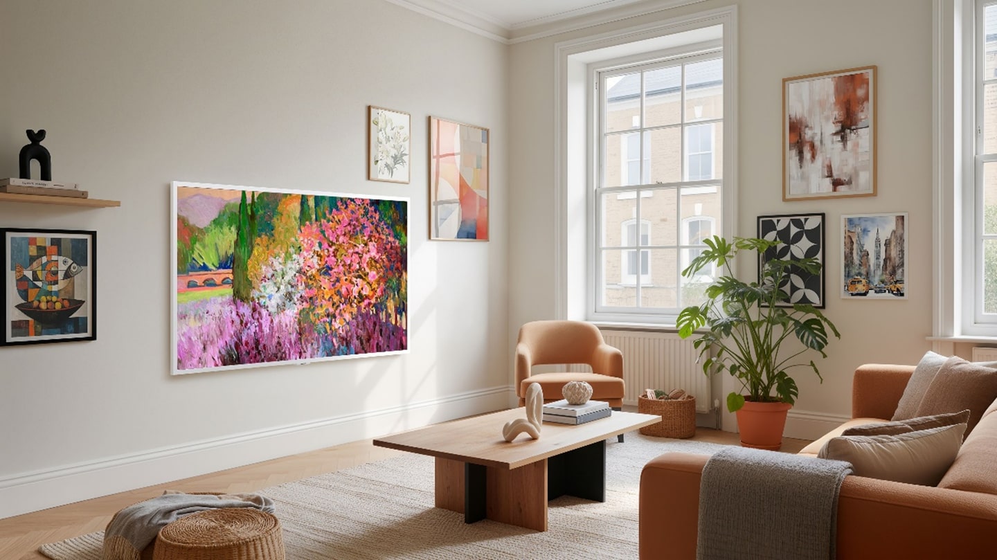 An LG Gallery TV displays Roses and Lavender in the Park by Suren Nersisyan, provided by Saatchi Art, within a white frame in a bright, modern living room.