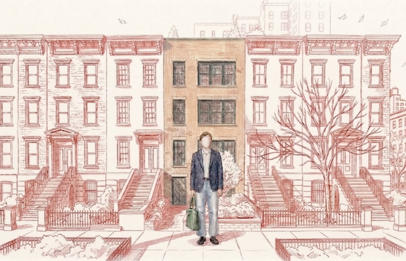 Hand-drawn illustration in warm sketch tones: a man carrying a bag arrives home to a row of brownstone buildings on a quiet city street. The building behind him transitions from a monochrome line drawing into full color, representing the moment an ordinary evening at home comes to life. The LG AI logo appears in the lower right corner.