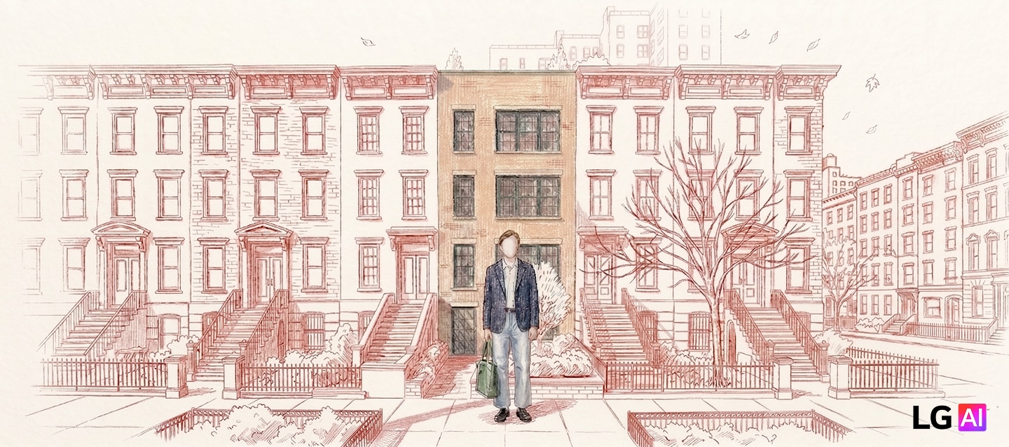 Hand-drawn illustration in warm sketch tones: a man carrying a bag arrives home to a row of brownstone buildings on a quiet city street. The building behind him transitions from a monochrome line drawing into full color, representing the moment an ordinary evening at home comes to life. The LG AI logo appears in the lower right corner.