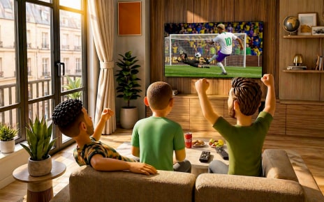 3D animated scene of three friends sitting on a sofa in a bright living room, cheering with raised fists as a goal is scored on a wall-mounted LG AI TV. Sunlight streams through a large window on the left. No one needs to get up, they watch every moment together.