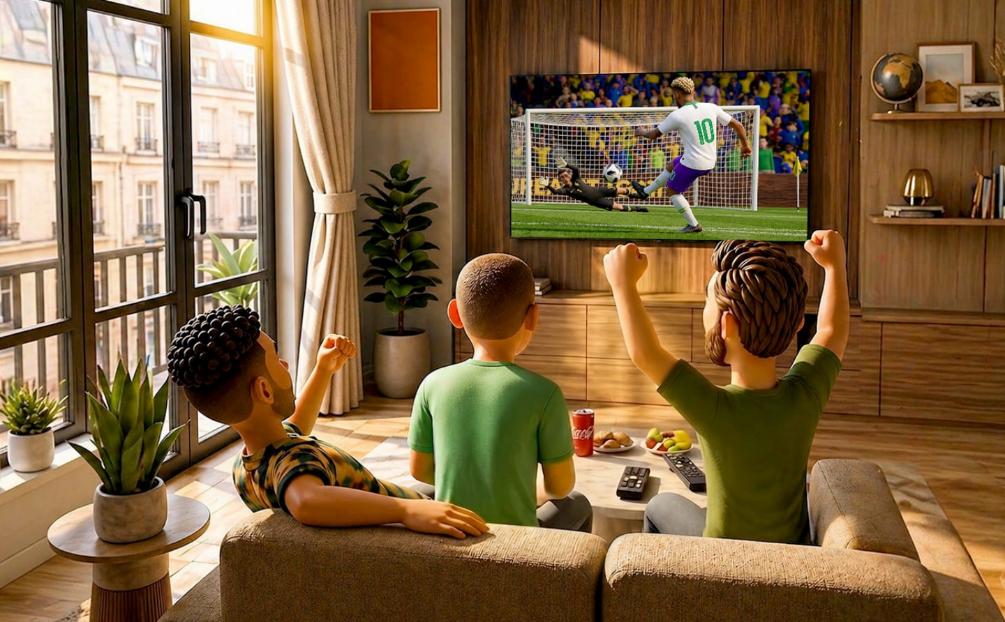 3D animated scene of three friends sitting on a sofa in a bright living room, cheering with raised fists as a goal is scored on a wall-mounted LG AI TV. Sunlight streams through a large window on the left. No one needs to get up, they watch every moment together.