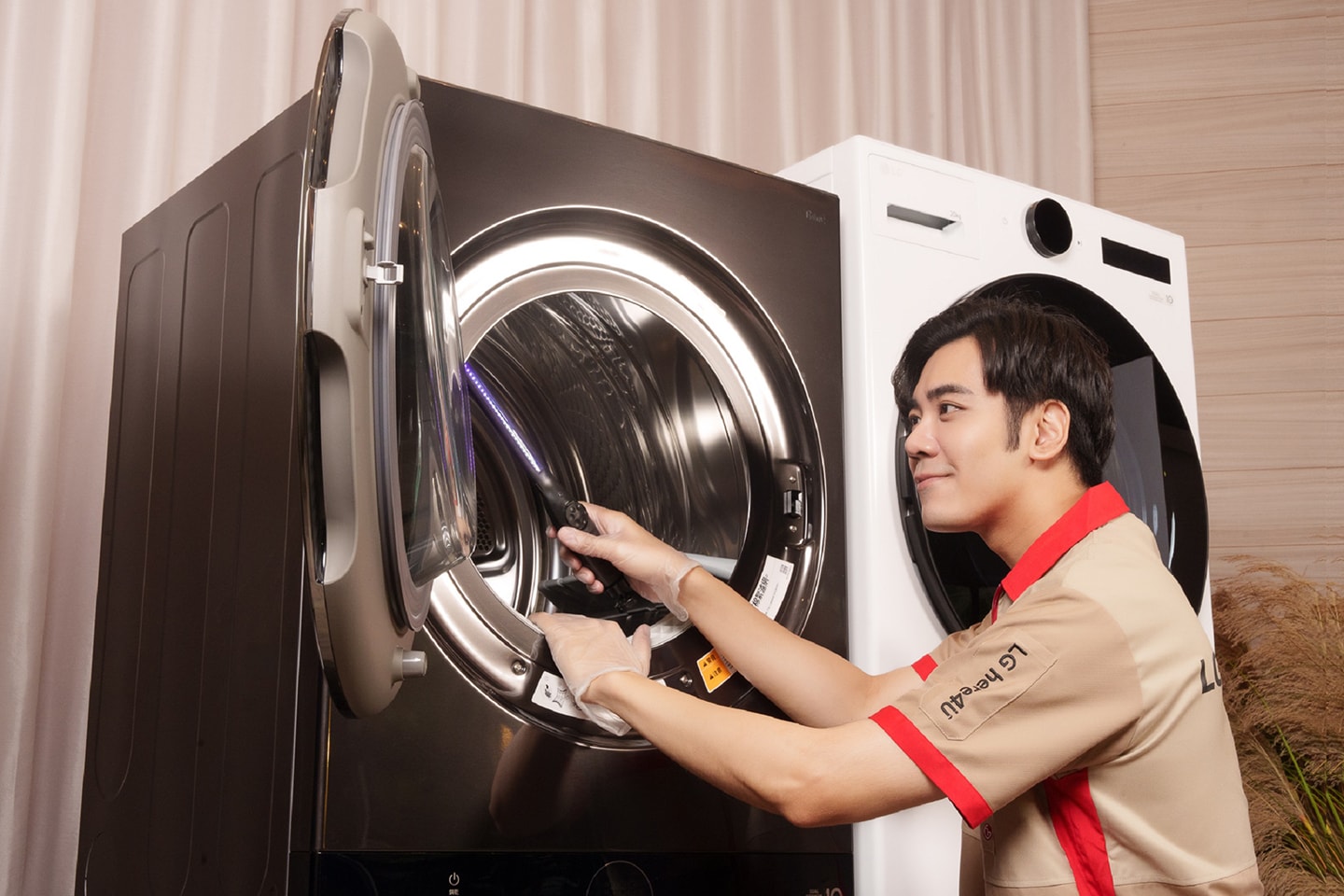 A photo of man looking at products in a laundry themed room