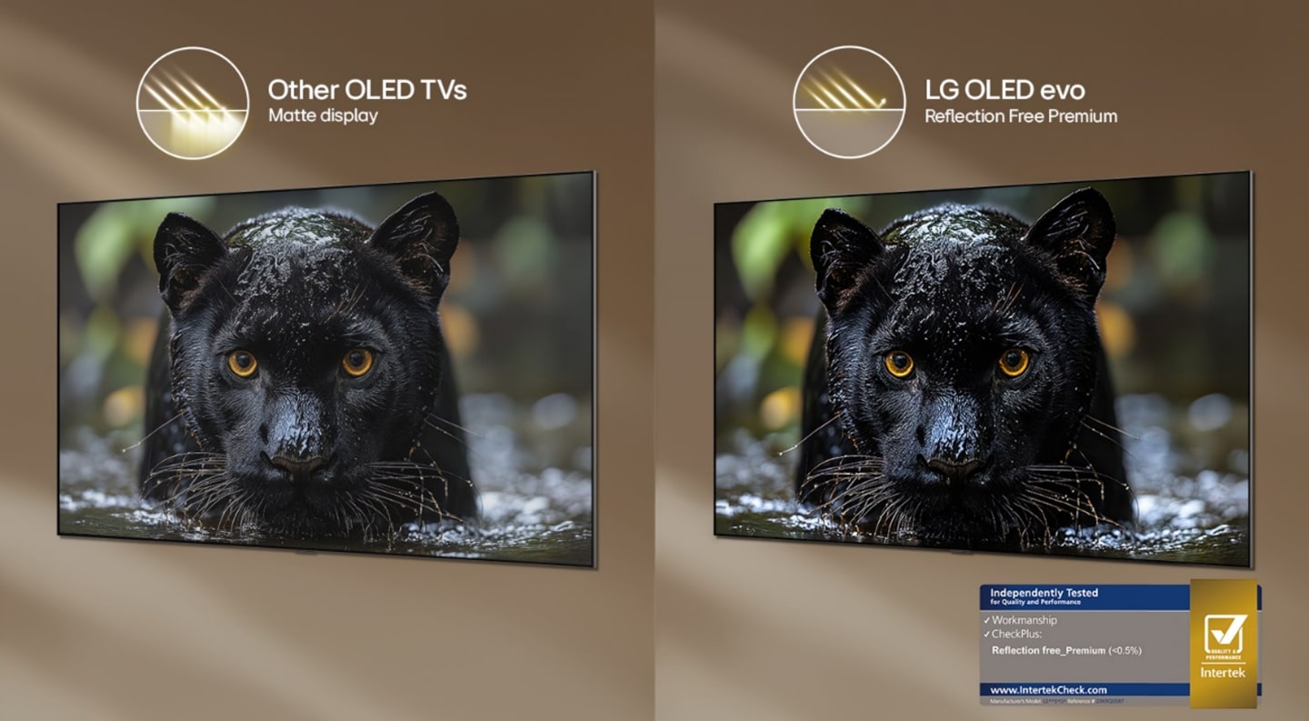 LG OLED evo with Reflection Free Premium shows a side-by-side comparison against Other OLED TVs Matte display, keeping the black jaguar image clear with deep blacks and fine texture, especially in bright environments, with an Intertek certification mark shown.