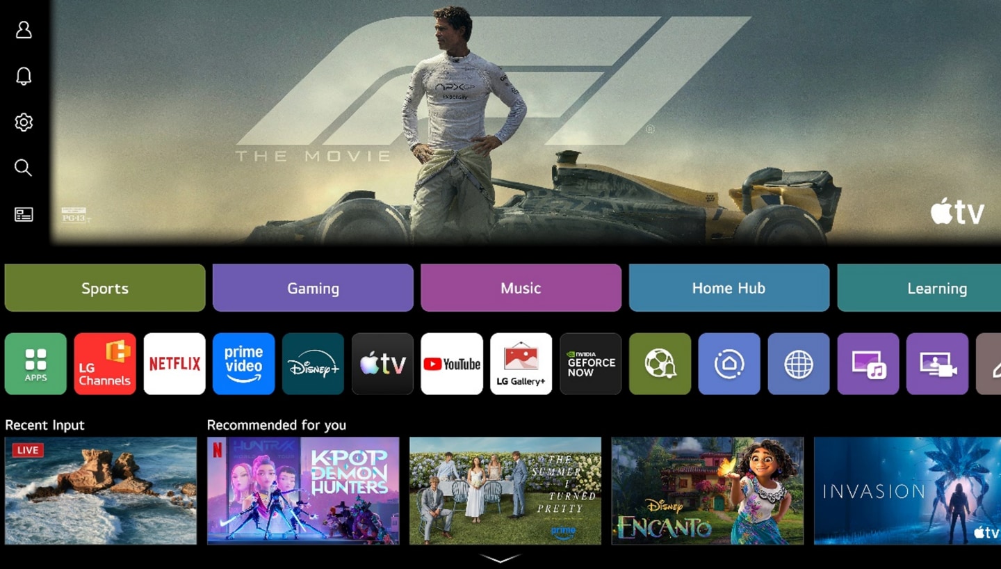 LG Micro RGB evo home screen navigates into the LG Channels interface, showcasing free live TV channels, movies, and exclusive content. The video highlights direct access to hundreds of entertainment options. 