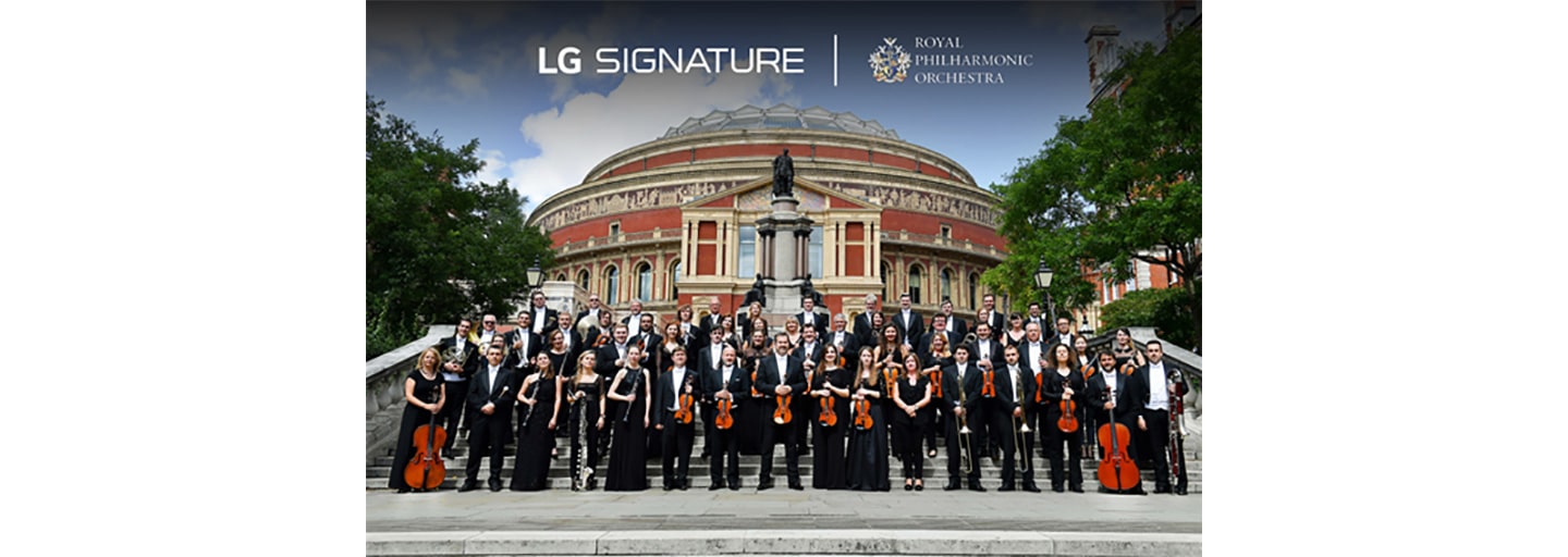 The Royal Philharmonic Orchestra posing outside the Royal Albert Hall with the logos of LG SIGNATURE and the orchestra above