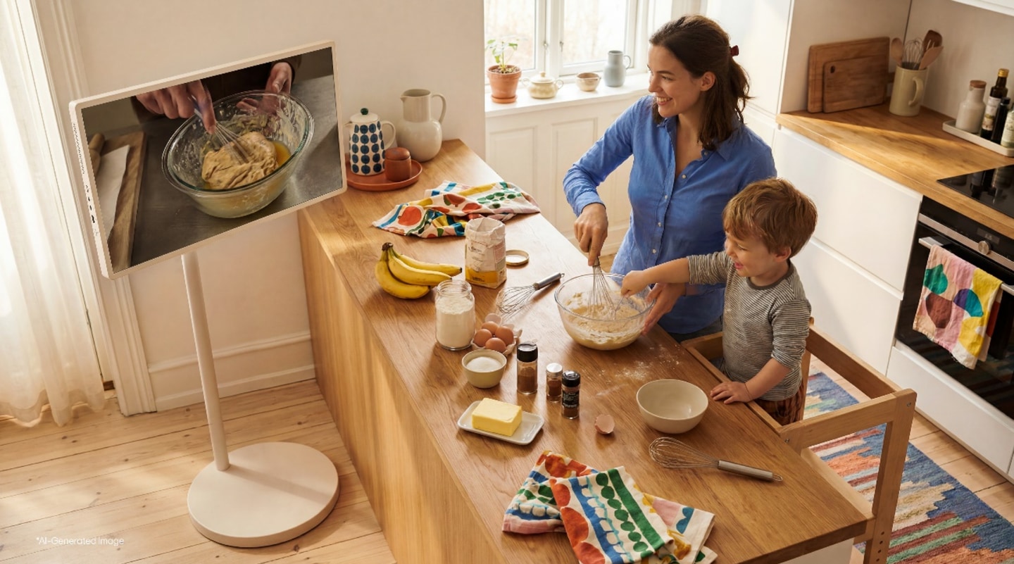 LG StanbyME displaying a close-up cooking video on its movable screen while a woman and child prepare food together in the kitchen.