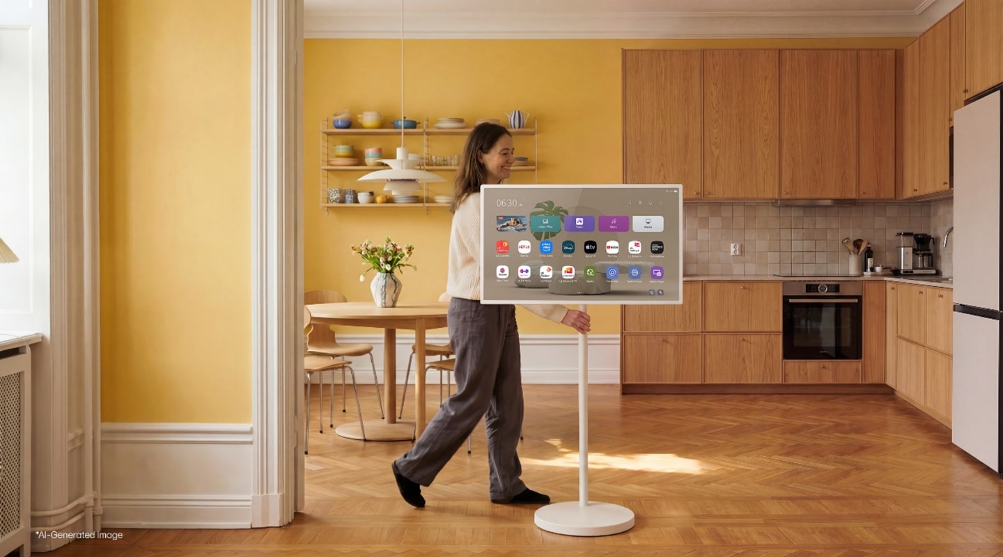 A woman moves an LG StanbyME through a warm, modern kitchen, with the screen showing its webOS home interface.