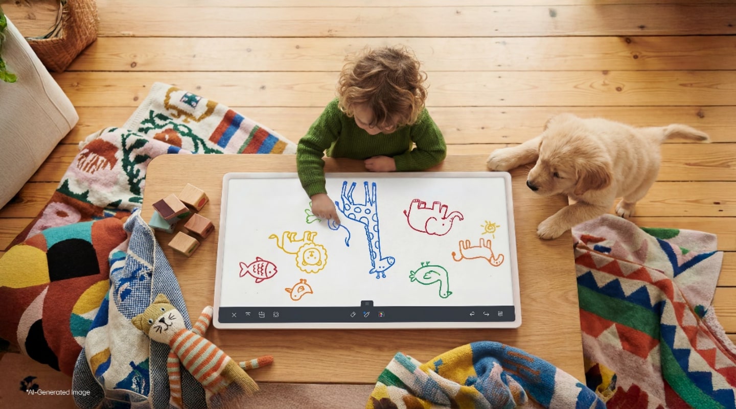 LG StanbyME laid flat on a low table as a child draws on the screen while a puppy watches nearby.