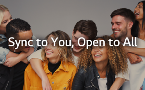 LG’s new vision statement, “Sync to You, Open to All,” overlaying a group of friends smiling