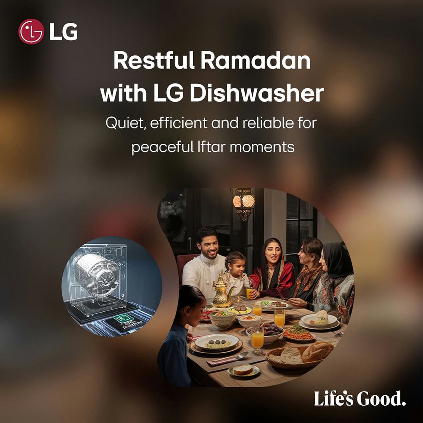 A photo of family a dinner table, and a blueprint of the dishwasher beside with a slogan