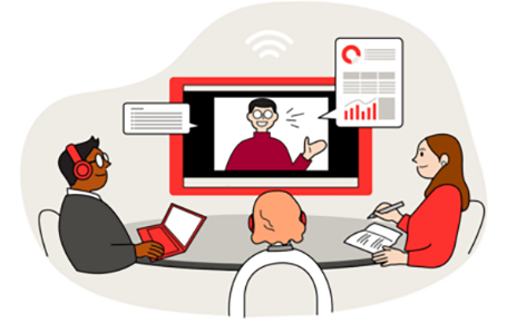 An illustration of three people sitting and listening to an online lecture