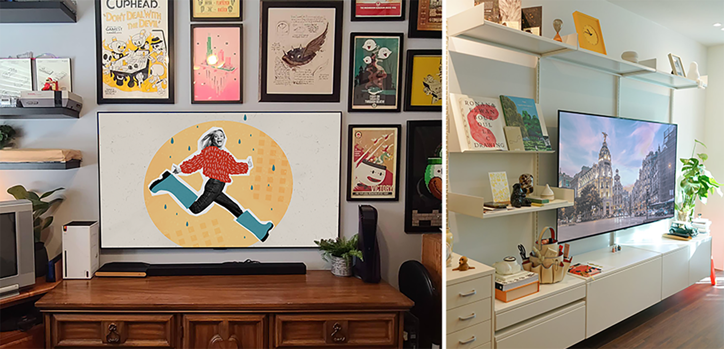 Two pictured combines including OLED TVs in different settings with artwork displayed on it