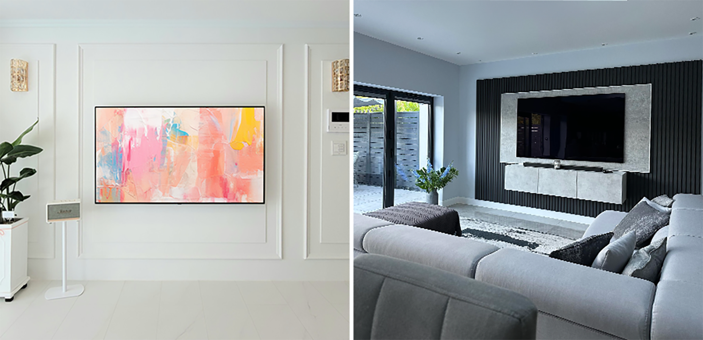 Two pictures combined including OLED TVs in two different home-like settings with artwork displayed