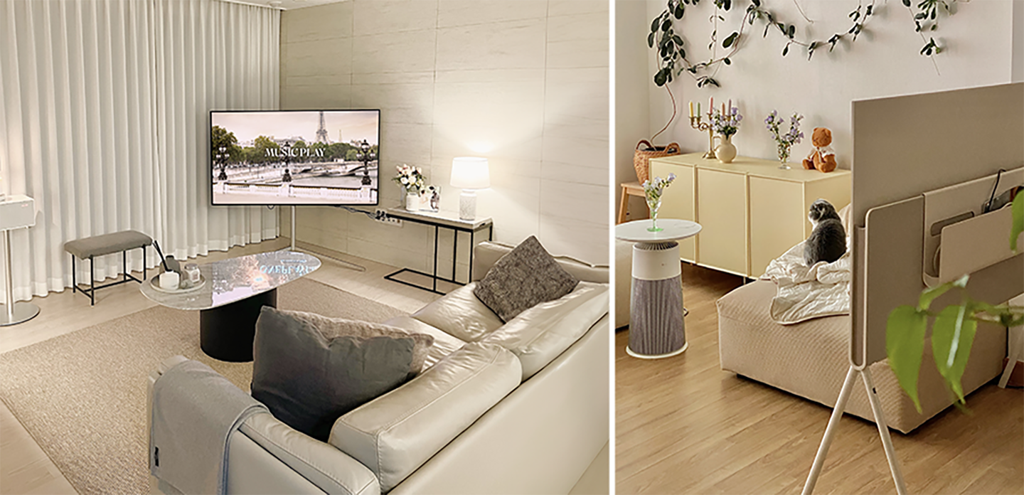 Two pictures combines including OLED TVs in a home setting