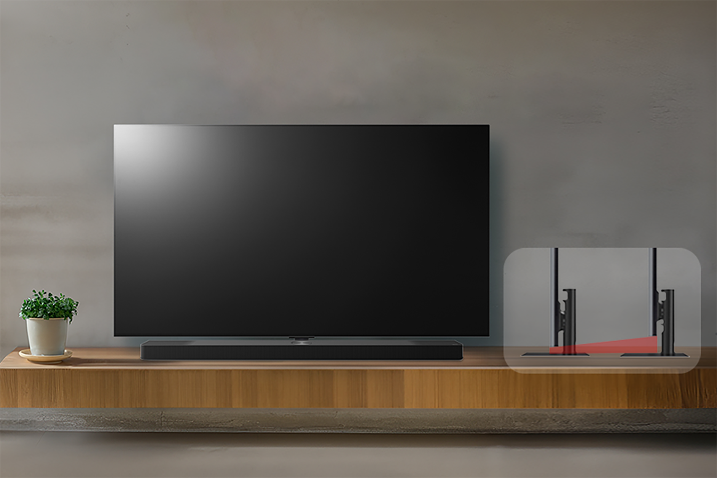 A picture of an OLED TV with a illustration of the side view to help understand the structure