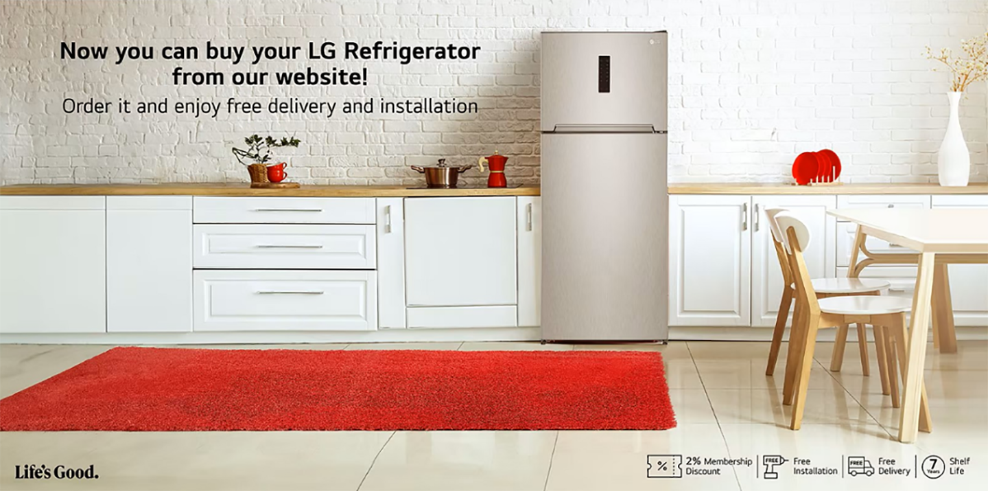 A illustration of kitchen with LG refrigerator in the center 