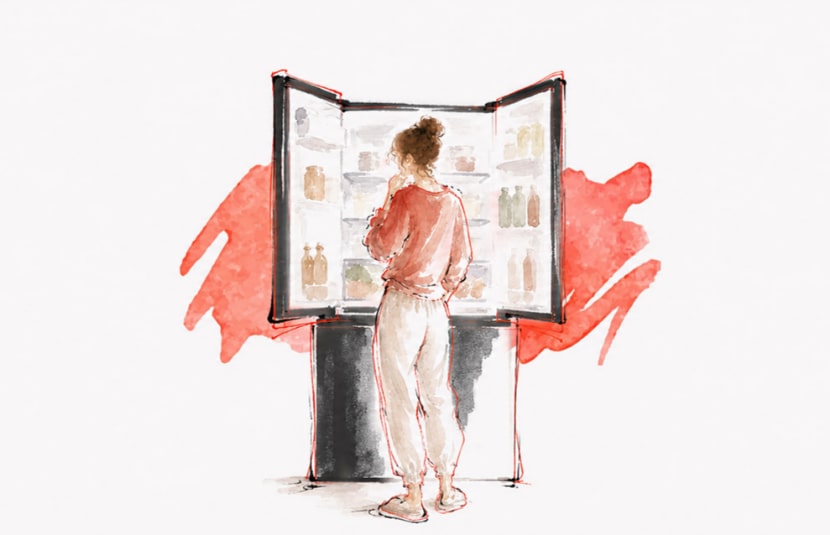 Watercolor and ink illustration on textured cream paper, wide horizontal crop, no text overlay. A woman with her hair in a bun, seen from behind in a coral pink top and cream pants, stands with hand to her chin looking into an open French-door refrigerator stocked with jars and bottles on every shelf. Bold splashes of coral-red watercolor fan out behind the refrigerator's base.