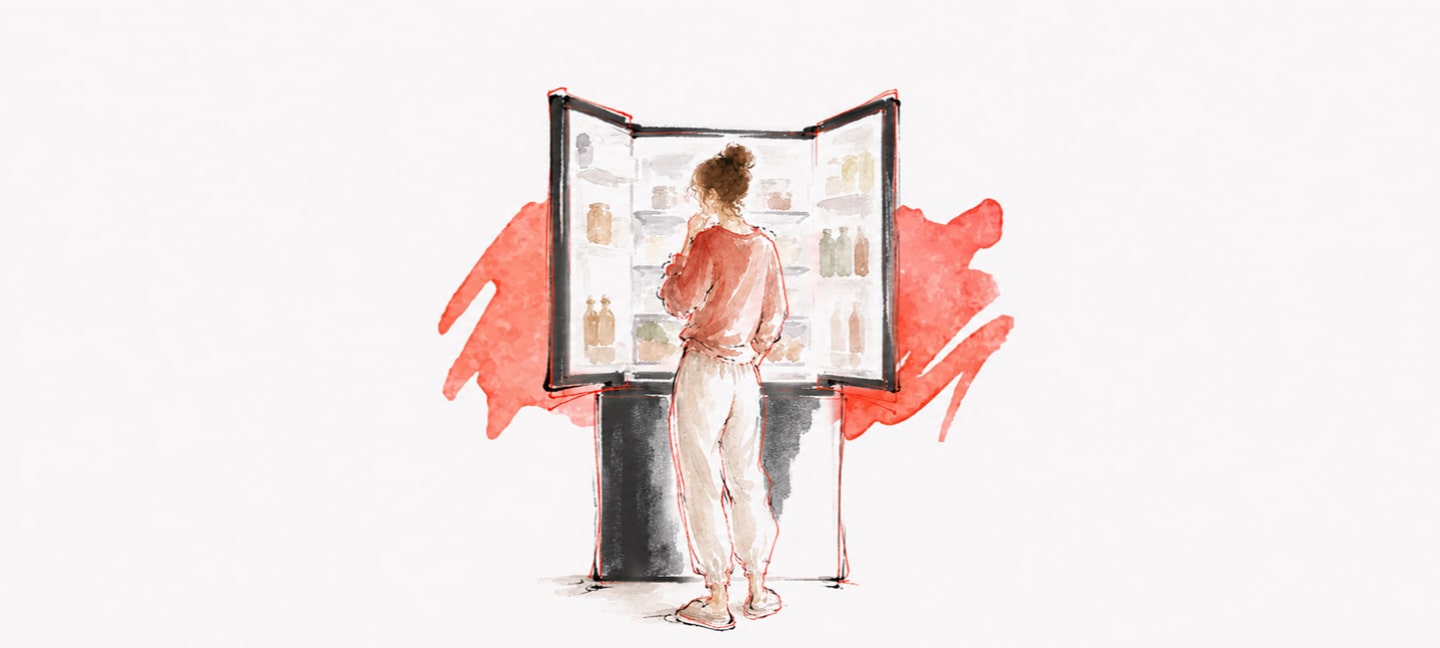 Watercolor and ink illustration on textured cream paper, wide horizontal crop, no text overlay. A woman with her hair in a bun, seen from behind in a coral pink top and cream pants, stands with hand to her chin looking into an open French-door refrigerator stocked with jars and bottles on every shelf. Bold splashes of coral-red watercolor fan out behind the refrigerator's base.