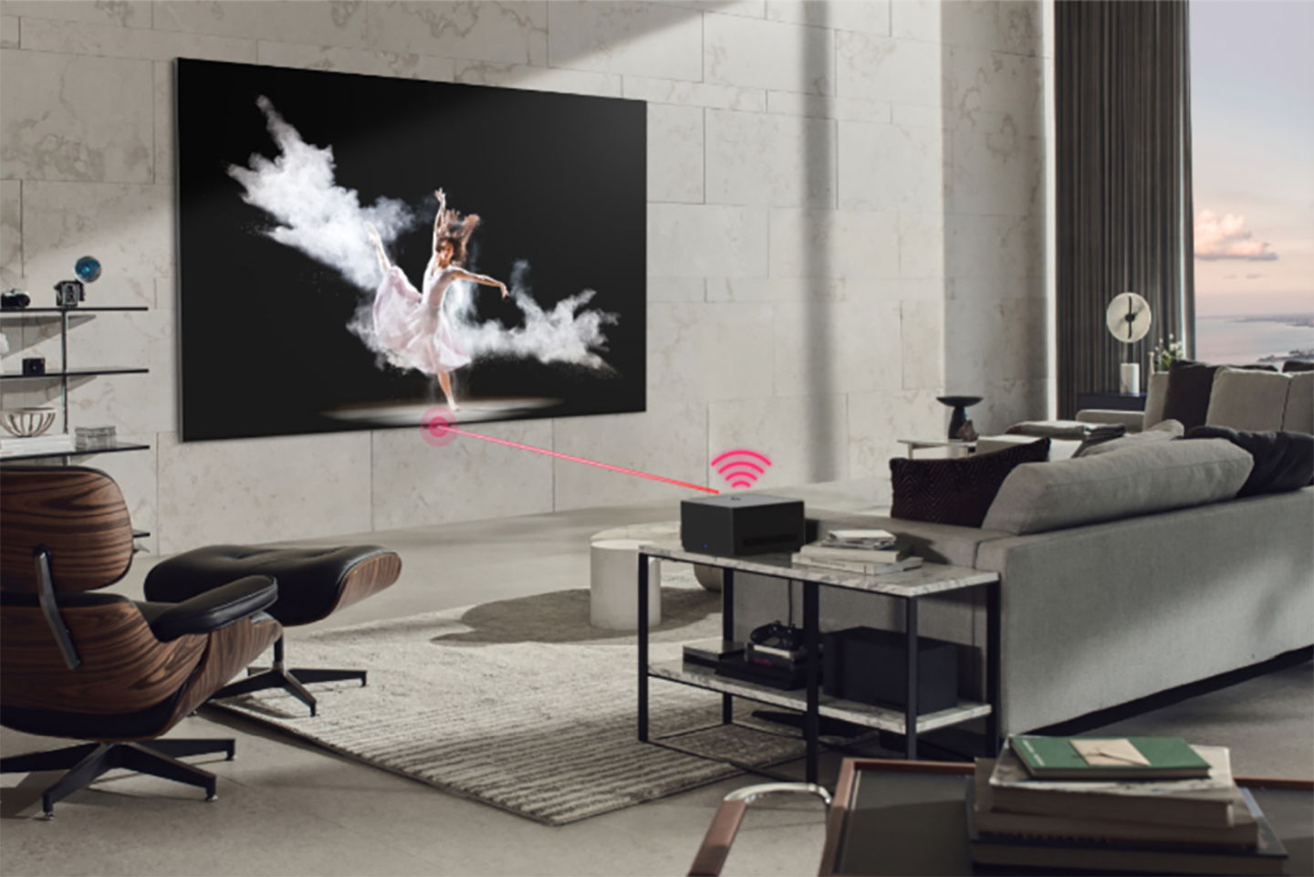 A image of living room setting with LG OLED M and the Zero Connect Box