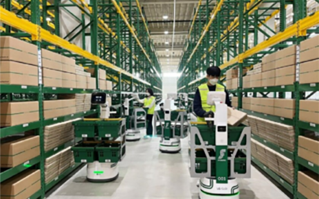 A picture of a warehouse with LG CLOi bots in action