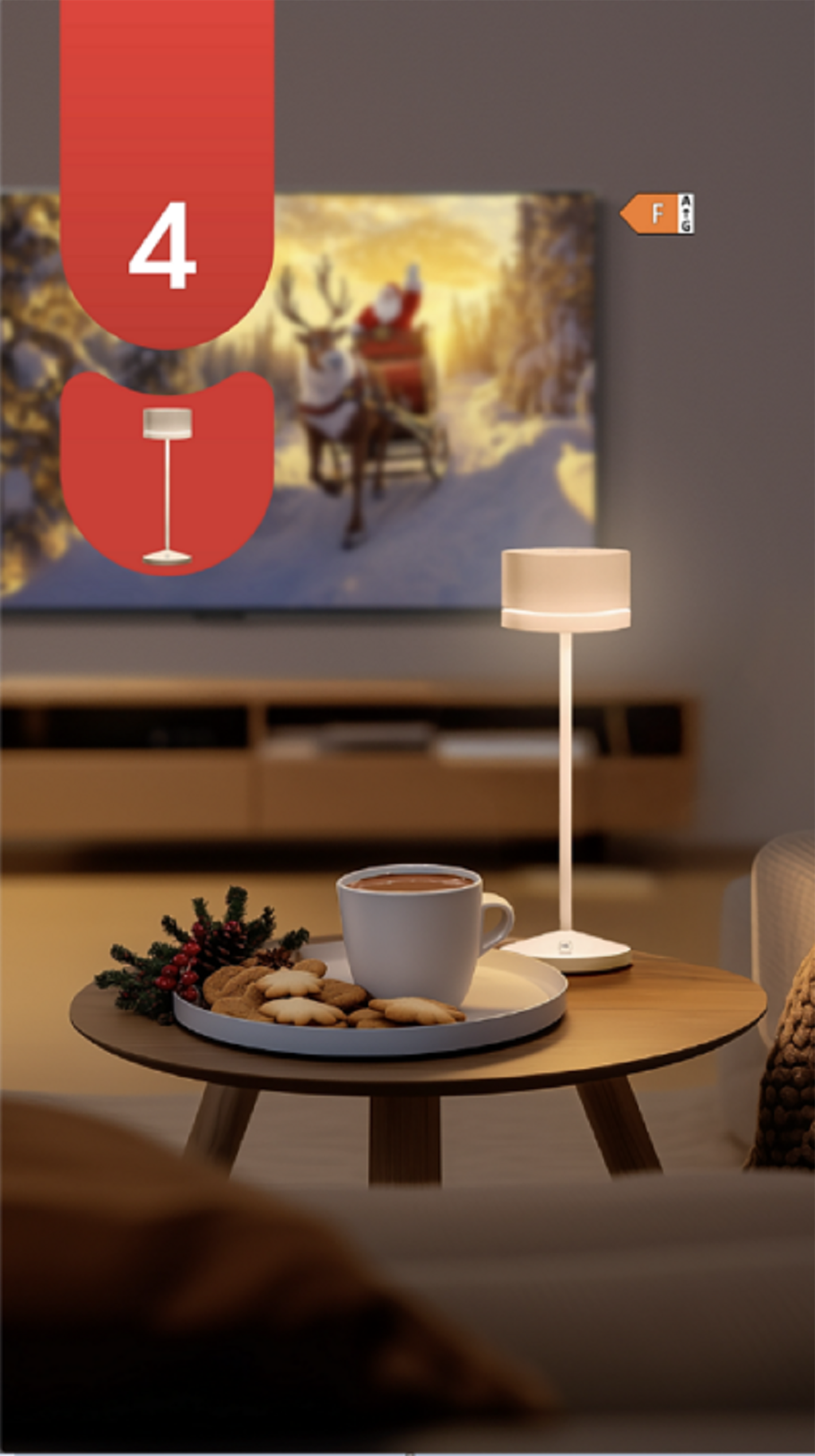 An illustration of a living room with a TV, coffee and cookies in front of a table, and table lights 