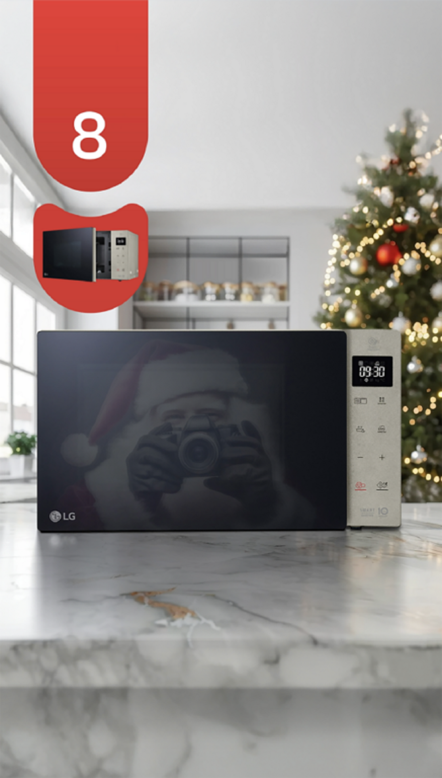 An illustration of Santa Claus with a camera on a microwave oven with the LG Electronics logo