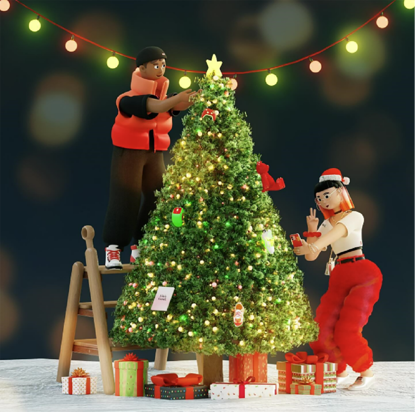 An illustration of two characters decorating a festive Christmas tree