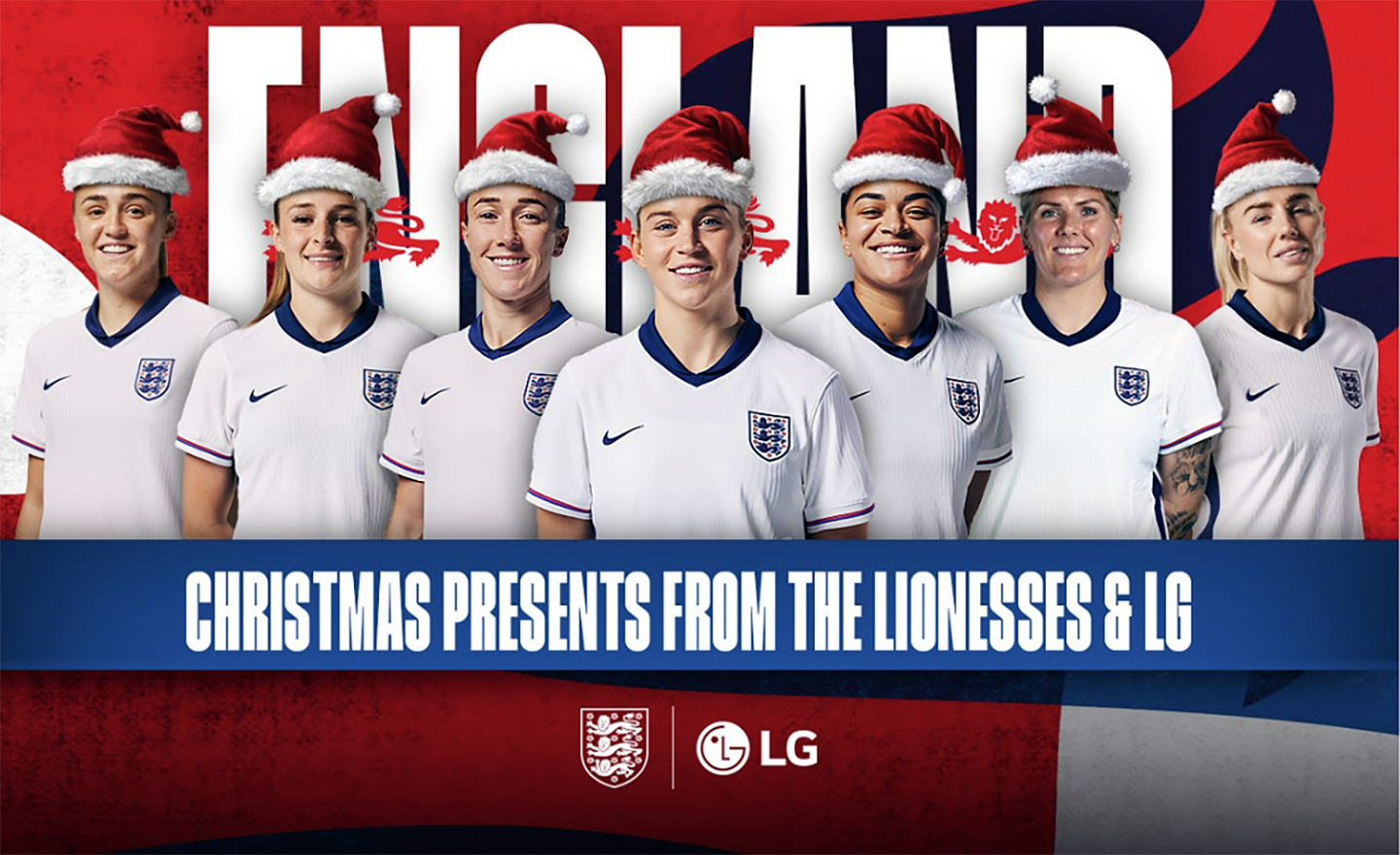 A promotional photo for The “Sleigh the Game” campaign featuring players from the England women's national soccer team wearing Christmas hats