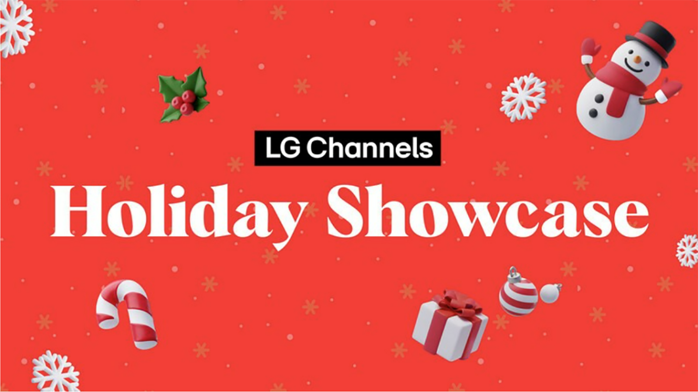An illustration for LG Channels Holiday Showcase with a red background decorated with Christmas decorations
