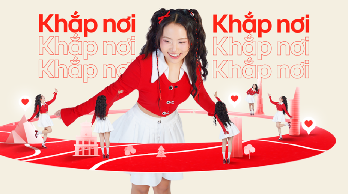 A picture of a girl and multiple version of her with the words 'everywhere' in vietnamese