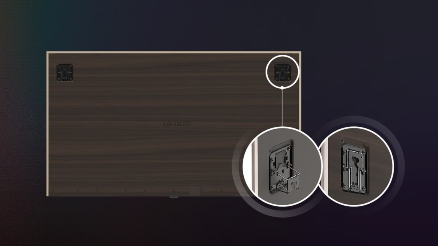A rear view of the LG OLED evo W6 Wallpaper TV highlights the folding bracket at the corner.