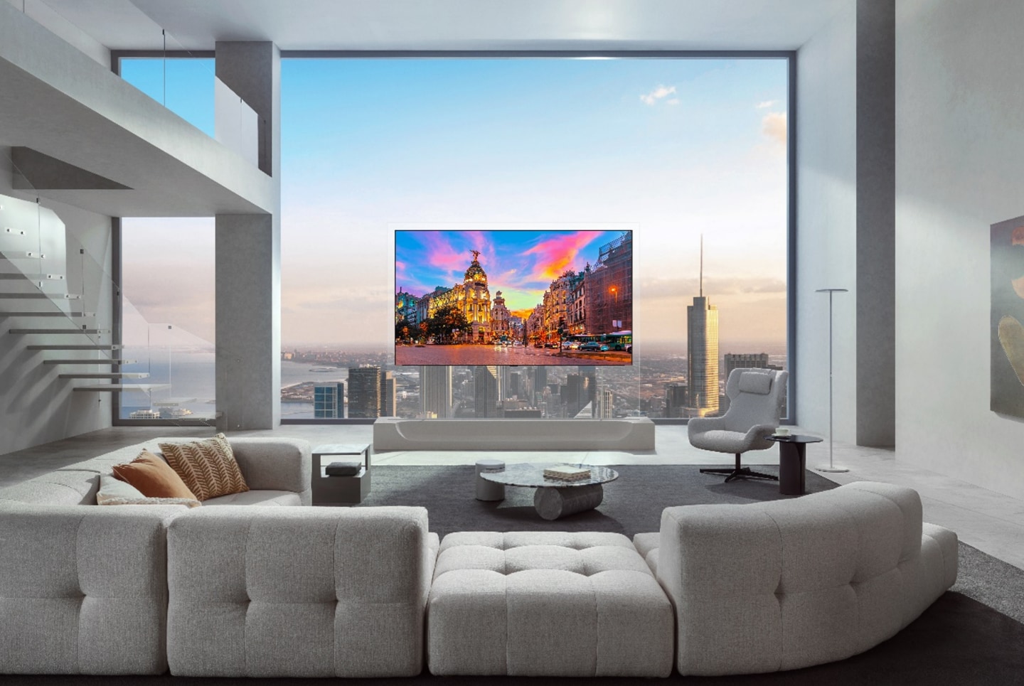 An LG OLED evo AI W6 Wallpaper TV mounted on a transparent stand, displaying a vibrant cityscape at sunset in a city apartment living space.