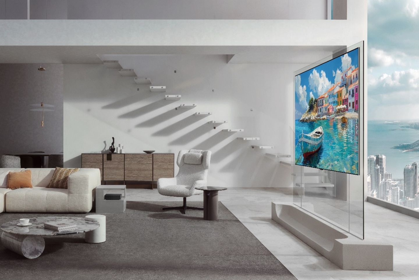 An LG OLED evo W6 Wallpaper TV displaying a vibrant coastal village is attached to a transparent stand in a city apartment living space.