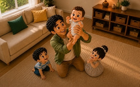 3D animated illustration. A wide-angle view of a bright, modern living room bathed in warm sunlight. A man with curly dark hair in a green jacket sits on a woven rug, joyfully lifting a smiling baby in a white onesie. A young boy in a striped shirt sits cross-legged nearby, and a toddler girl with pigtails sits beside them. A cream-colored sofa with yellow and teal cushions, a wooden bookshelf with wicker baskets, a table lamp, and a small potted plant are visible in the background.