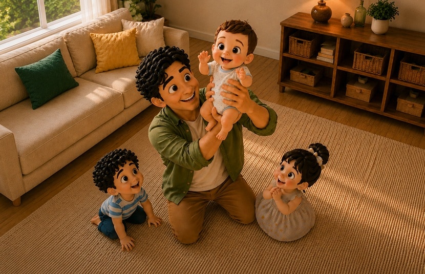 3D animated illustration. A wide-angle view of a bright, modern living room bathed in warm sunlight. A man with curly dark hair in a green jacket sits on a woven rug, joyfully lifting a smiling baby in a white onesie. A young boy in a striped shirt sits cross-legged nearby, and a toddler girl with pigtails sits beside them. A cream-colored sofa with yellow and teal cushions, a wooden bookshelf with wicker baskets, a table lamp, and a small potted plant are visible in the background.