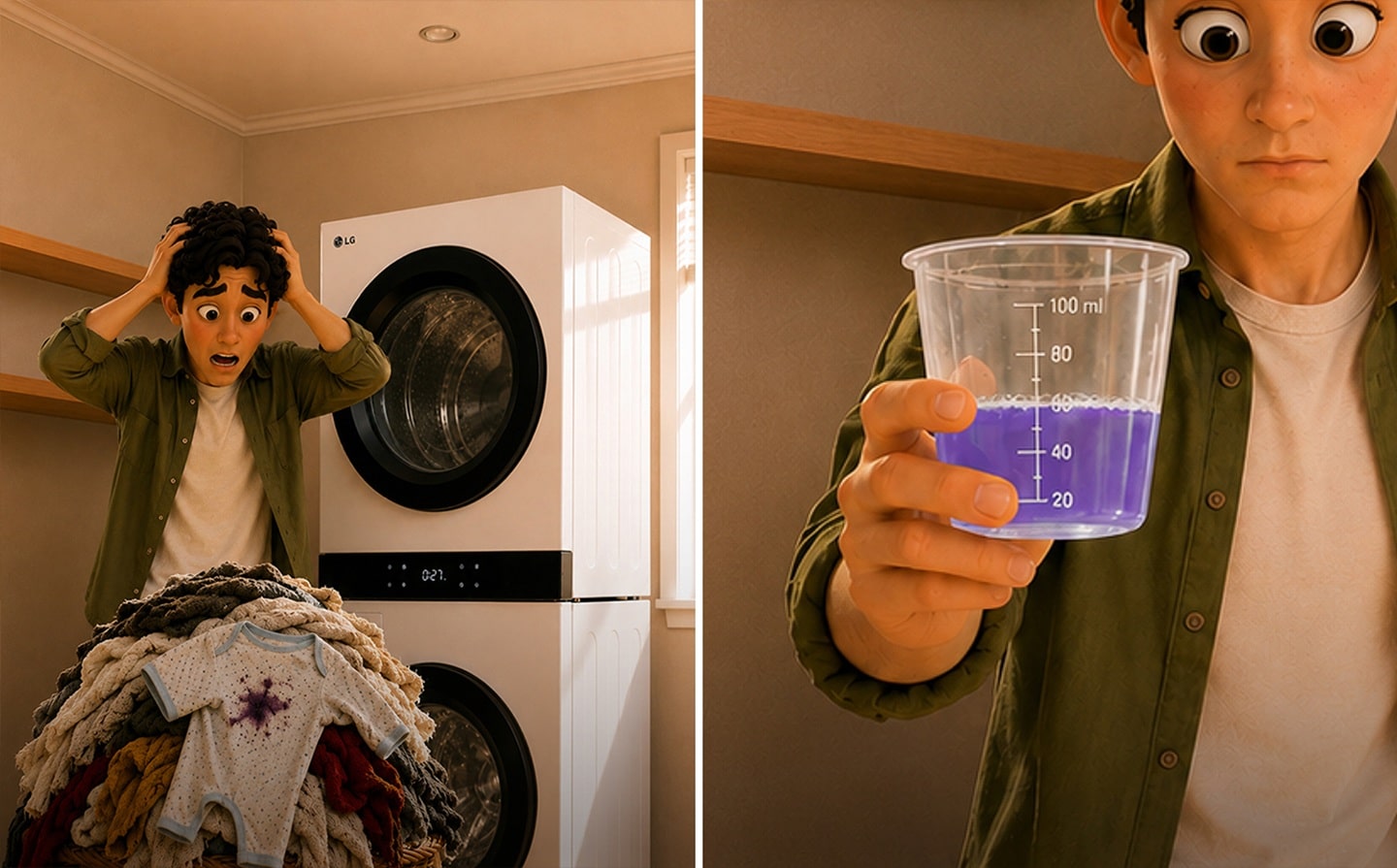 3D animated split-panel illustration. In the upper left frame, a man with curly dark hair in a green jacket stands in front of a white LG front-load washer-dryer, gripping his head in distress over a pile of stained laundry at his feet. In the upper right frame, the same man holds up a small transparent measuring cup filled with purple liquid detergent, staring at it with wide, uncertain eyes. The two panels are separated by a thin white border against a dark background.