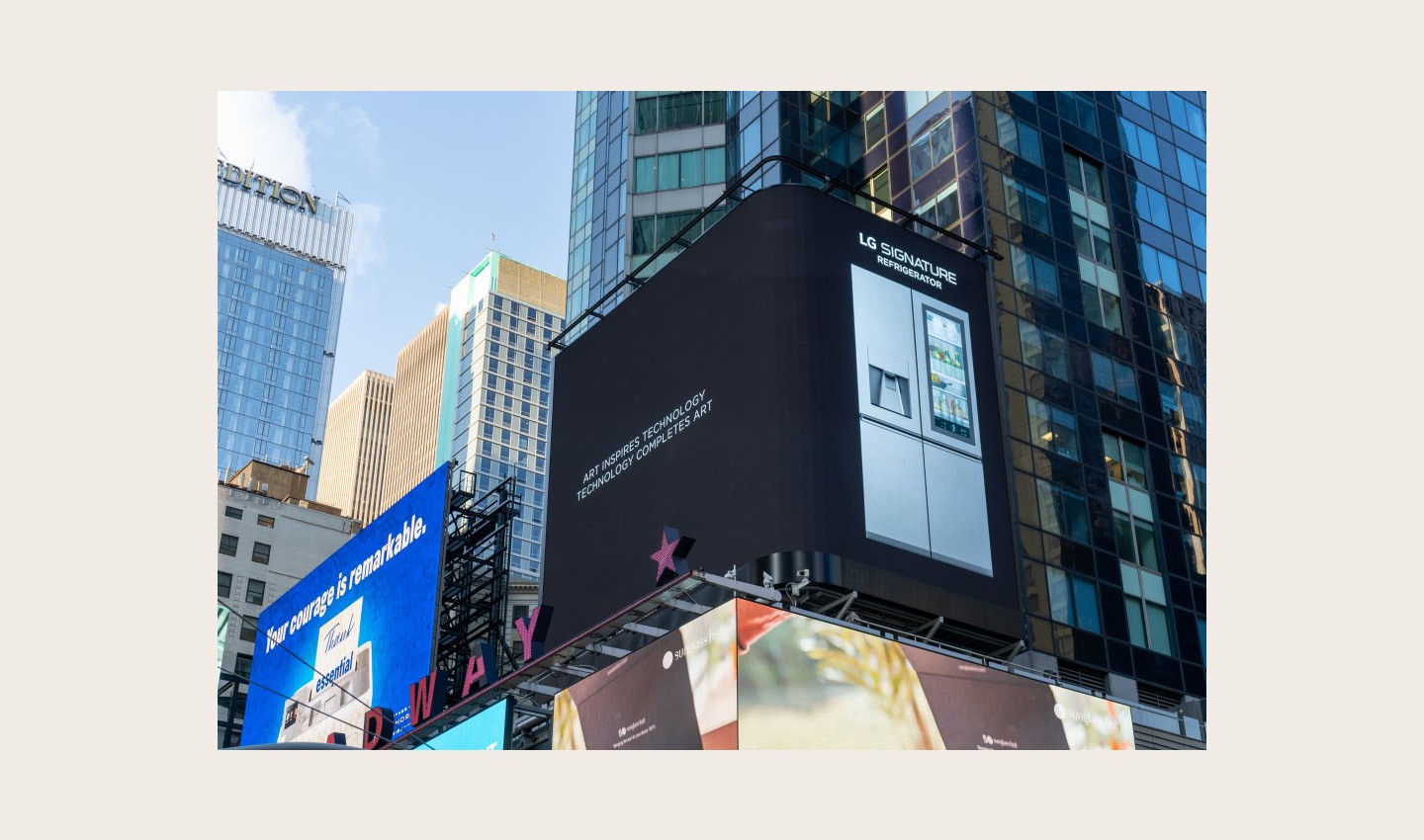 LG's digital billboard in Time Square, New York with an image of LG SIGNATURE Refrigerator against a black background