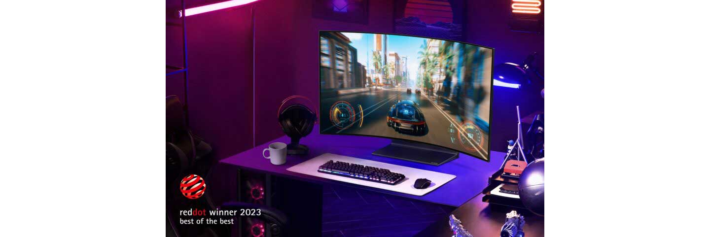A lifestyle image of LG OLED Flex with a logo of Red Dot Award's Best of Best Award at the bottom left corner