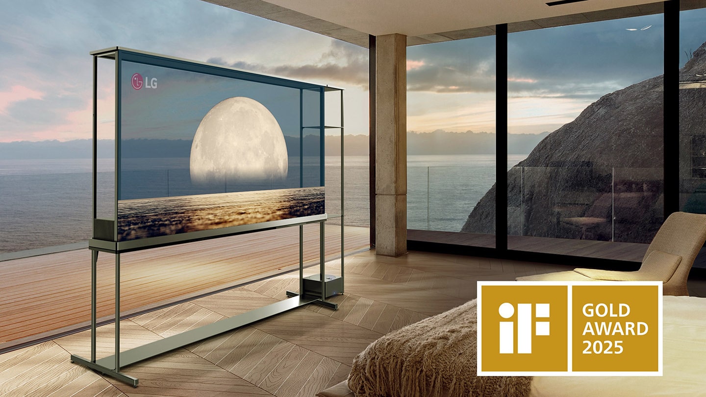 A picture of the LG SIGNATURE OLED T in a room setting with the award logo on the bottom