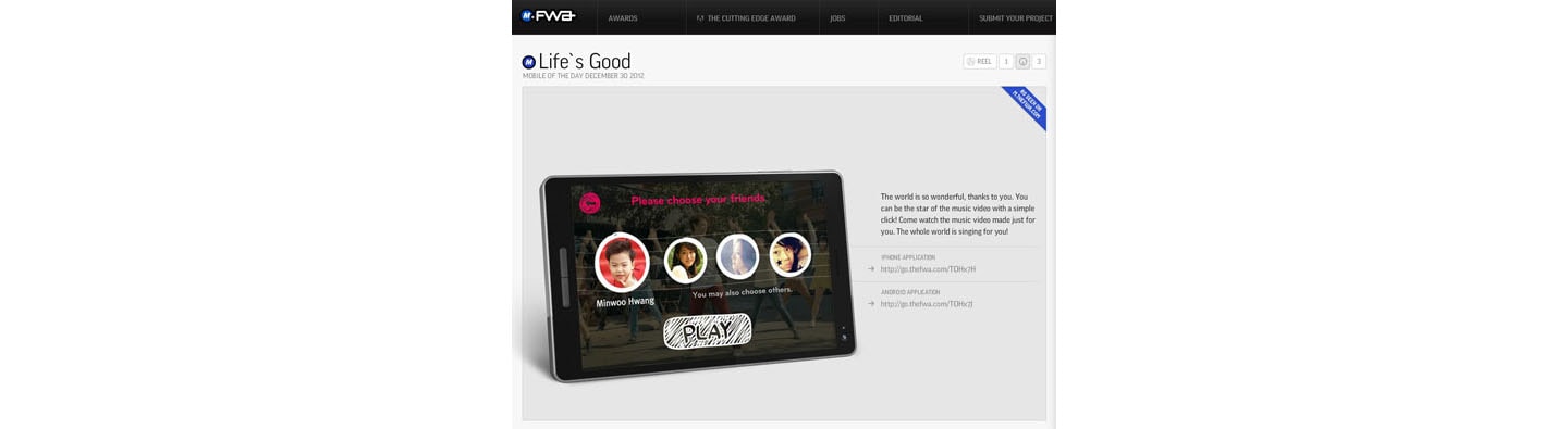 LG’S “LIFE’S GOOD” CAMPAIGN SELECTED FOR MOBILE OF THE DAY AWARD