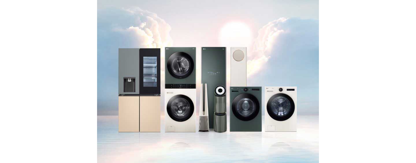 LG Upgradable appliances product line up including the InstaView refrigerator, WashTower washer and dryer set, PuriCare AeroTower air purifying fan, PuriCare air purifier, Tower air conditioner, Styler and AI DD washer and dryer