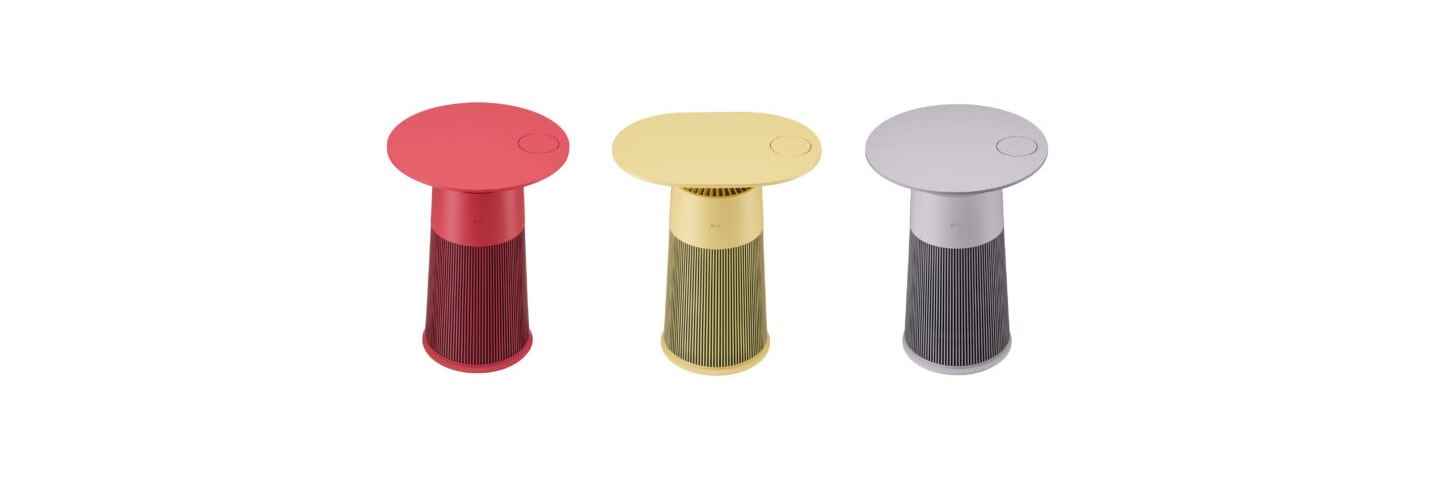 LG's new table-type PuriCare Objet Collection Aero Furniture air purifiers with three colors including Crème Rose, Crème Yellow and Crème Grey
