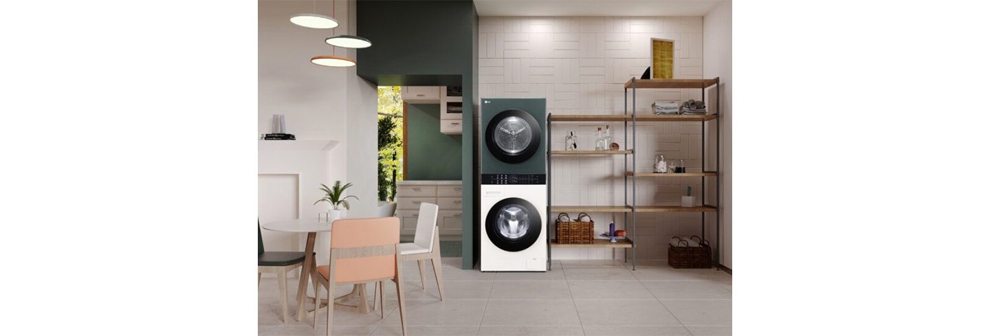 LG’s new WashTowerTM Compact Objet Collection is placed in the utility room next to the shelves.